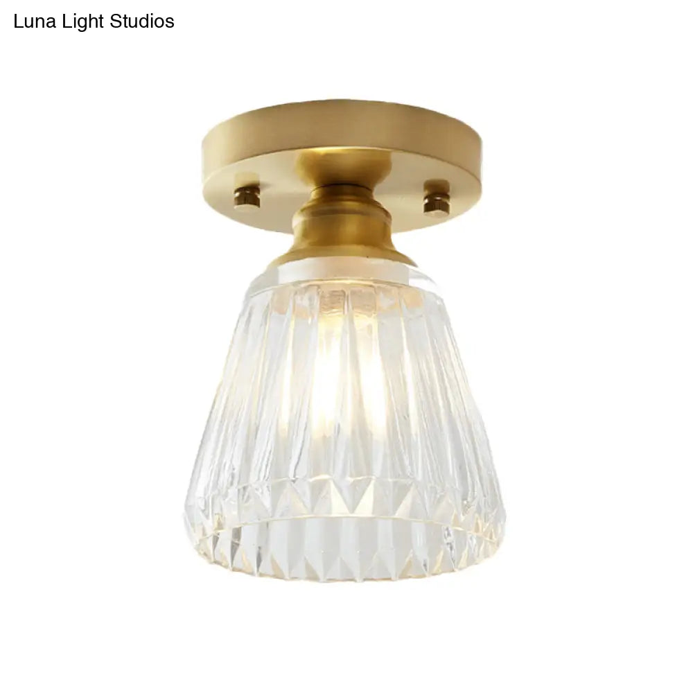 Brass Cone Ceiling Light: Industrial Semi Flush Mount With Clear Textured Glass For Living Room