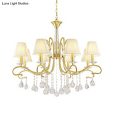 Brass Crystal Ceiling Chandelier - Country Style Swirl Arm Pendant Light With Cone Fabric Shade