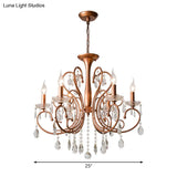 Brass Crystal Curvy Chandelier Lamp With Countryside Charm - 3/6/8 Lights