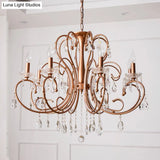 Brass Crystal Curvy Chandelier Lamp With Countryside Charm - 3/6/8 Lights