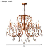 Brass Crystal Curvy Chandelier Lamp With Countryside Charm - 3/6/8 Lights