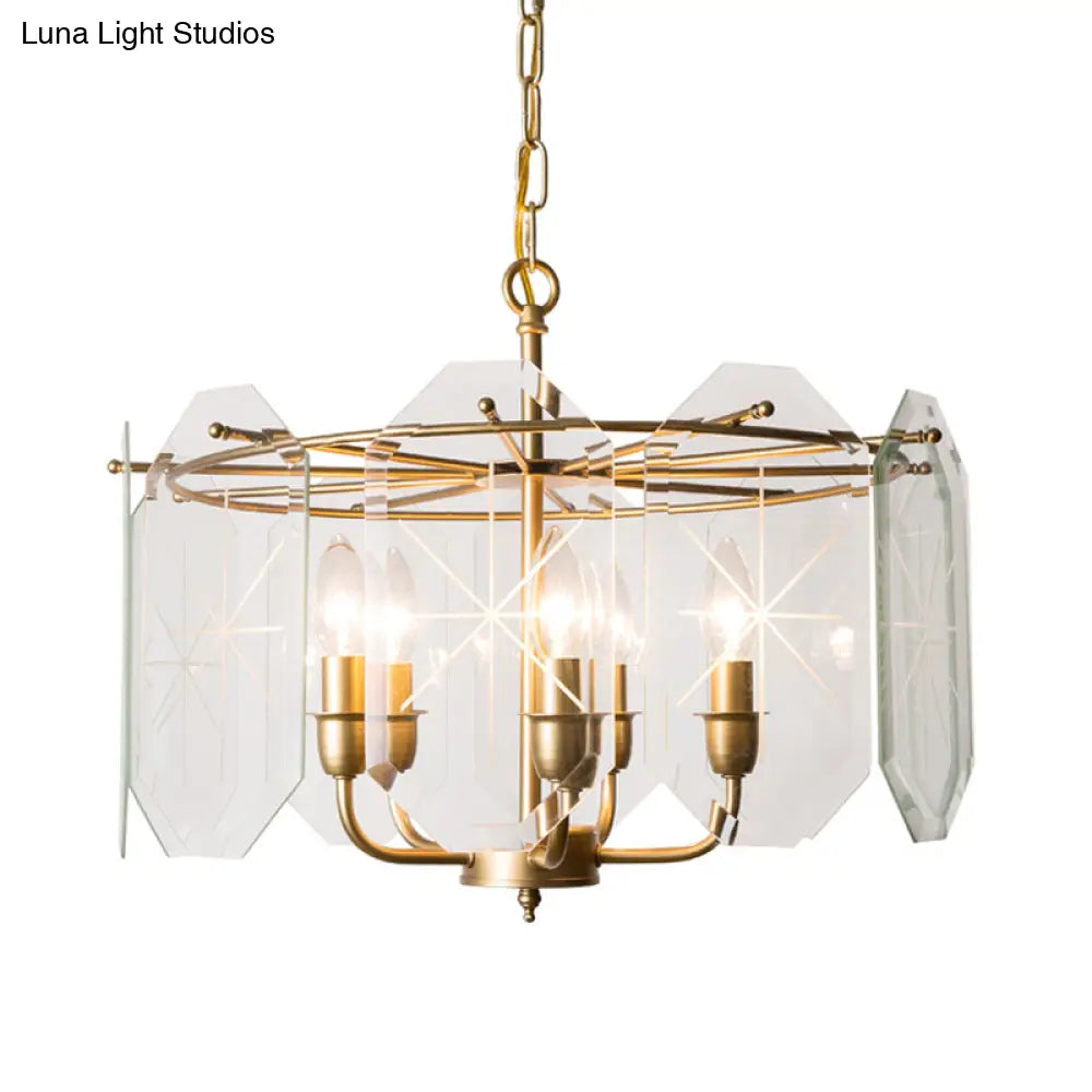 Brass Cylinder Ceiling Chandelier With Clear Glass Modern Design 5 Heads Hanging Light Fixture -