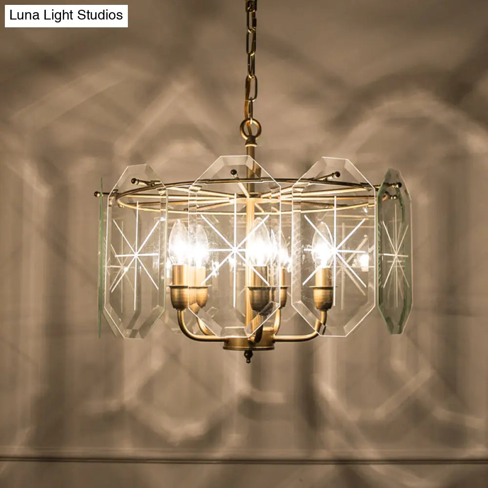 Brass Cylinder Ceiling Chandelier With Clear Glass Modern Design 5 Heads Hanging Light Fixture -