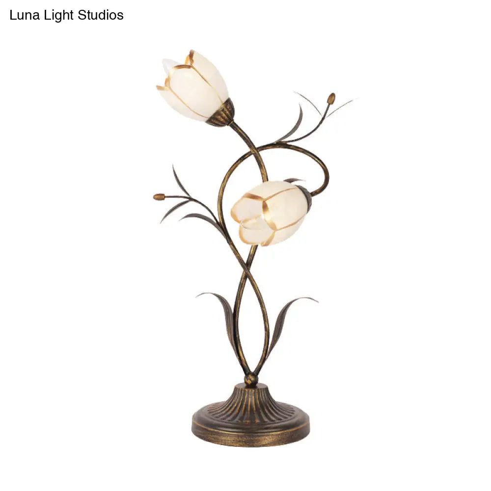 Brass Desk Lamp: 2 Light Bedroom Night Table With Opal Glass Shade
