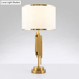 Brass Fabric Drum Nightstand Lamp - Simplistic 1 Bulb Lighting For Living Room Tables