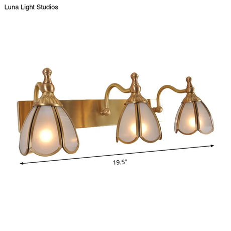 Brass Flower Wall Sconce With Frosted Opal Glass - 1/2/3 Lights Rural Bathroom Vanity Lighting