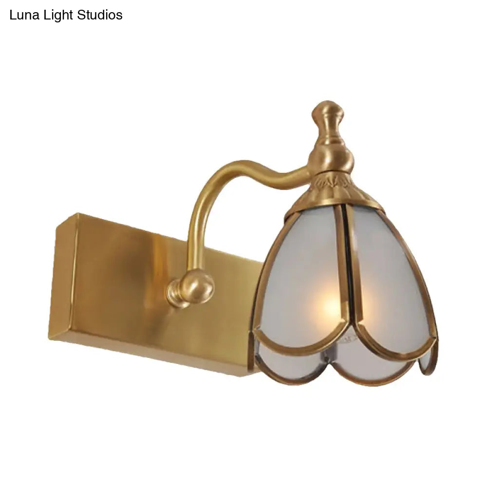 Brass Flower Wall Sconce With Frosted Opal Glass - 1/2/3 Lights Rural Bathroom Vanity Lighting
