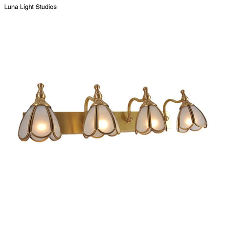 Brass Flower Wall Sconce With Frosted Opal Glass - 1/2/3 Lights Rural Bathroom Vanity Lighting