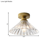 Brass Flush Mount Ceiling Light With Clear Ridged Glass - Traditional Tapered Single Head Lamp