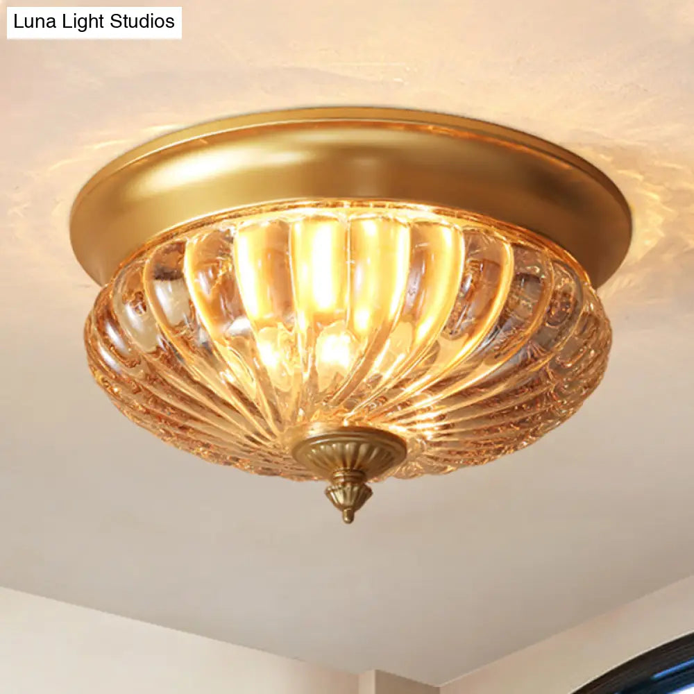 Brass Flush Mount Lamp With Prismatic Glass Dome For Corridor - 2 Heads Colonial Style 10’/12’ W