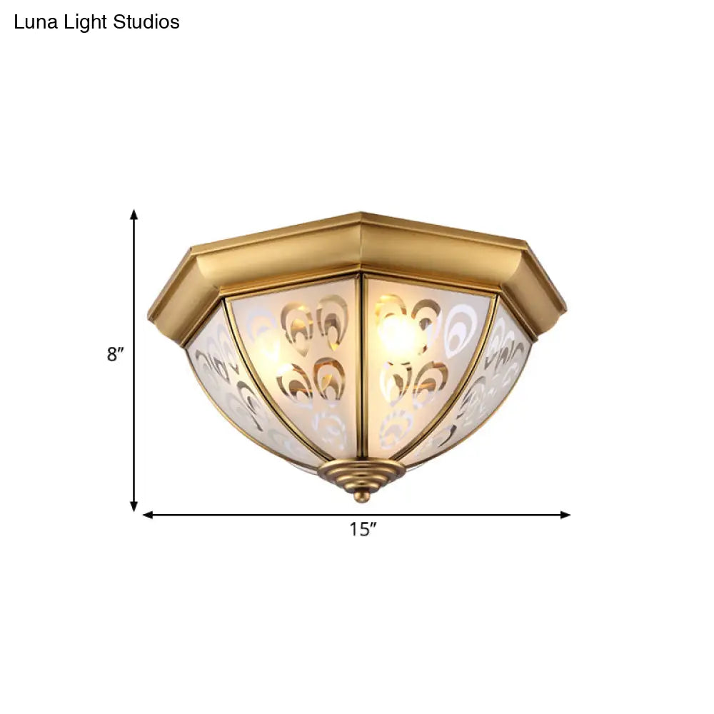 Brass Flush Mount Lamp With Sandblasted Glass Bowl - Colonial Style Ceiling Fixture For Study Room