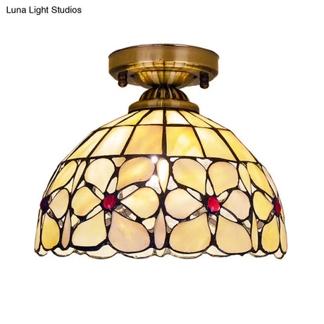 Brass Flushmount Lamp With Tiffany Flower Patterned Bowl Shell - Ceiling Light Fixture