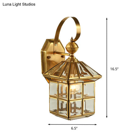Brass House Sconce Light With Clear Glass Shade - Wall Mounted Balcony Lamp