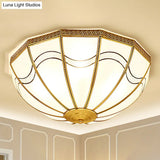 Brass Inverted Flush Ceiling Lamp With Milky Glass 4 Lights And Wave Pattern - Ideal For Bedrooms