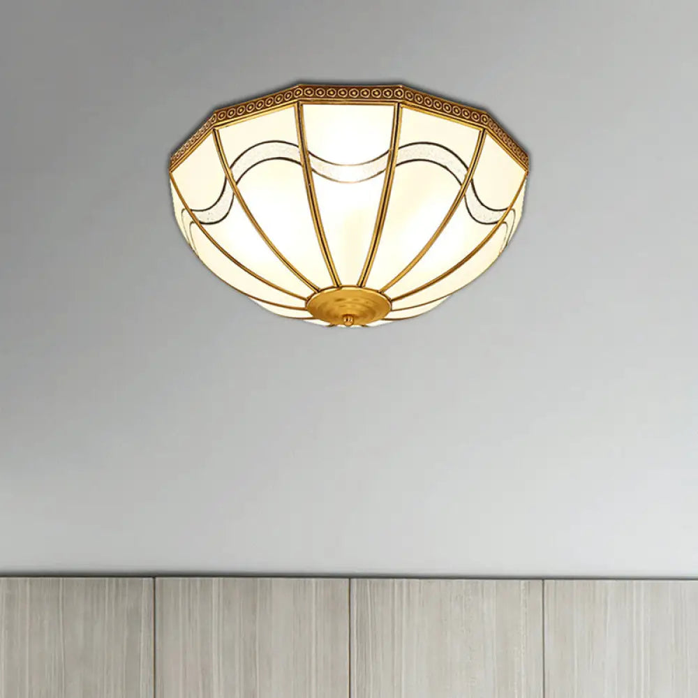 Brass Inverted Flush Ceiling Lamp With Milky Glass 4 Lights And Wave Pattern - Ideal For Bedrooms