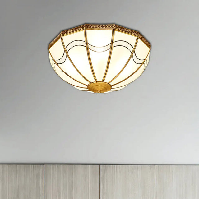 Brass Inverted Flush Ceiling Lamp With Milky Glass 4 Lights And Wave Pattern - Ideal For Bedrooms