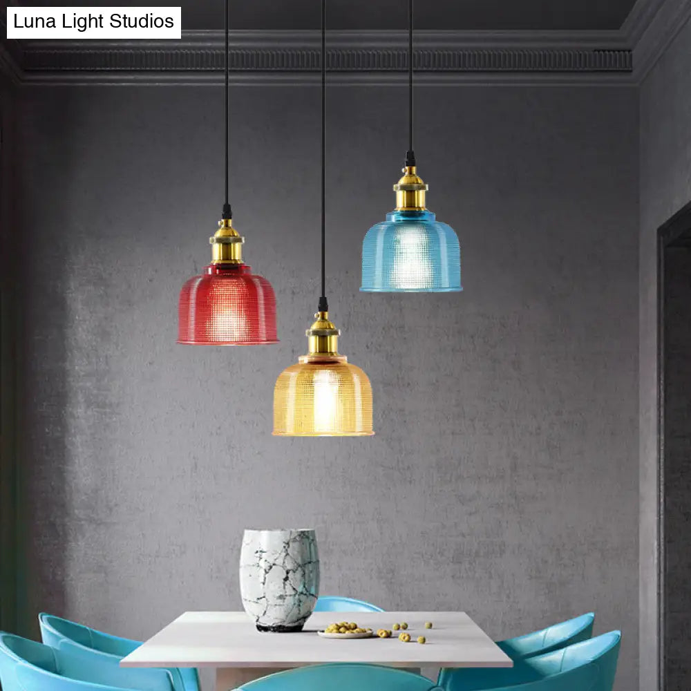 Brass Loft Style Single-Bulb Pendant Ceiling Light With Lattice Glass Bowl Design
