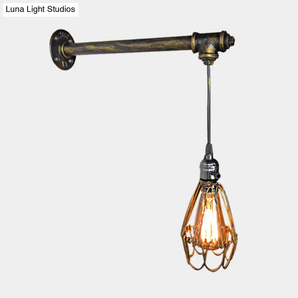 Brass Metal Caged Wall Sconce Lamp - Industrial Pipe Light For Restaurants 1 Bulb Mount