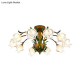 Brass Metal Led Ceiling Light: Countryside Flower Style 6/8/10 Bulbs Semi Flush Mount For Bedroom