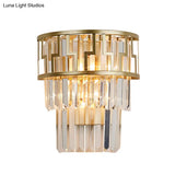 Brass Modernism Layered Wall Lamp With Clear Crystal - 2 Lights Bedside Sconce Fixture