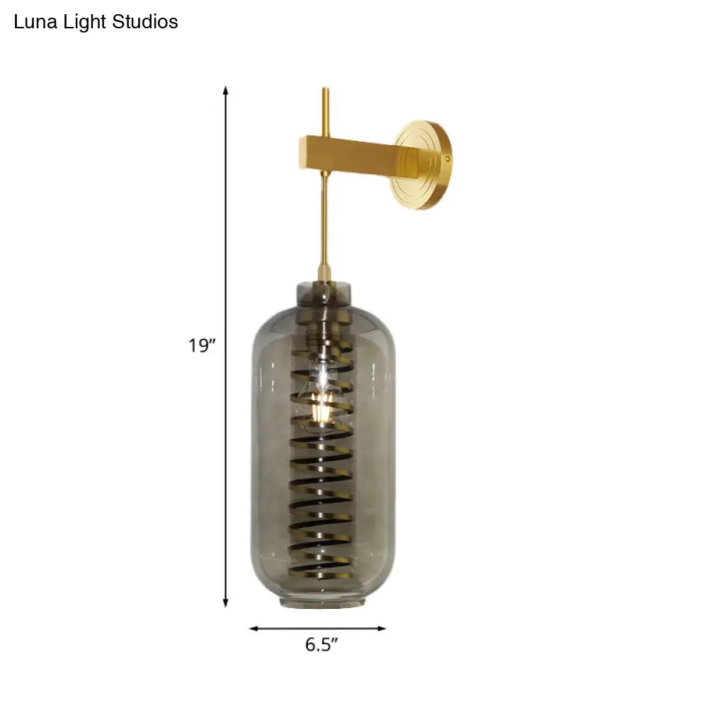 Brass Mounted Smoke Gray Glass Wall Sconce Light - Post-Modern Cylinder Lamp