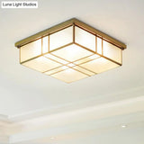 Brass Opal Glass Ceiling Light Fixture - 2 - Bulb Cubic Flush Mount Lamp For Bedroom