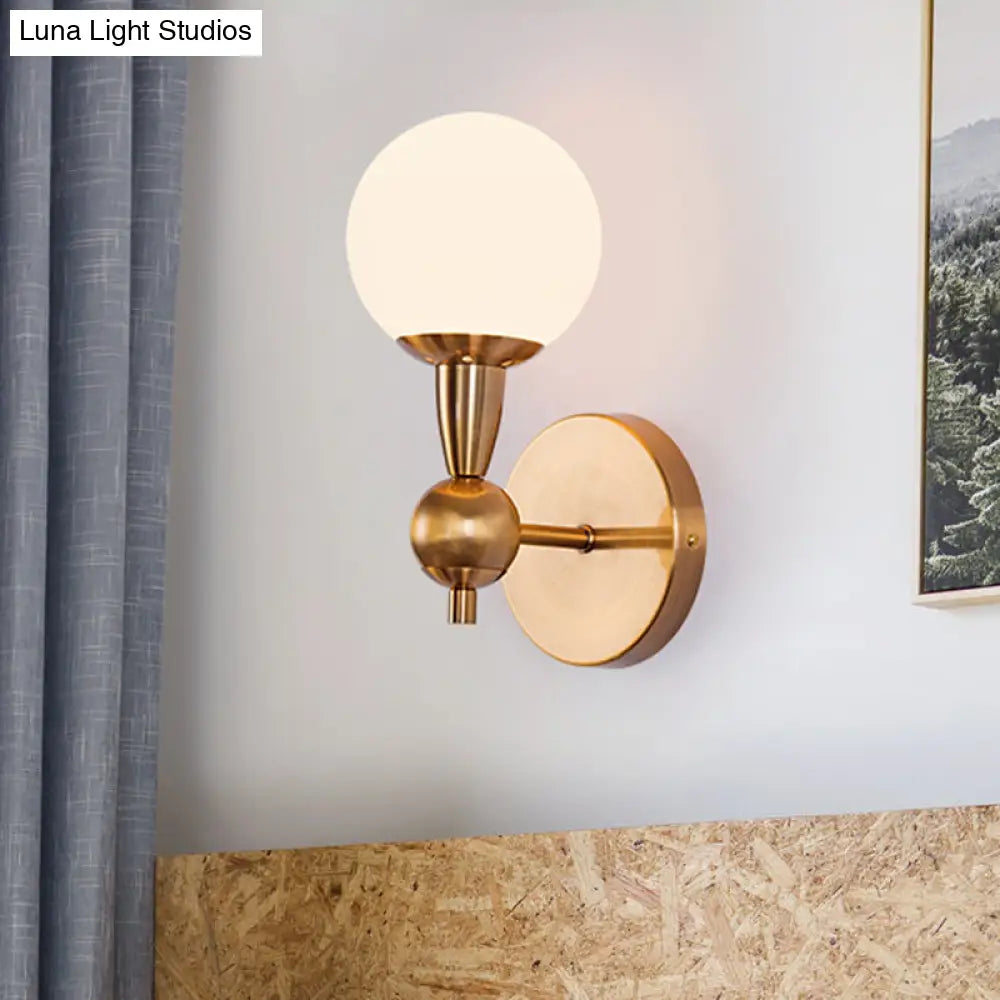 Brass Orb Wall Mount Light With Opal Glass Lampshade - Mid Century Lighting Idea