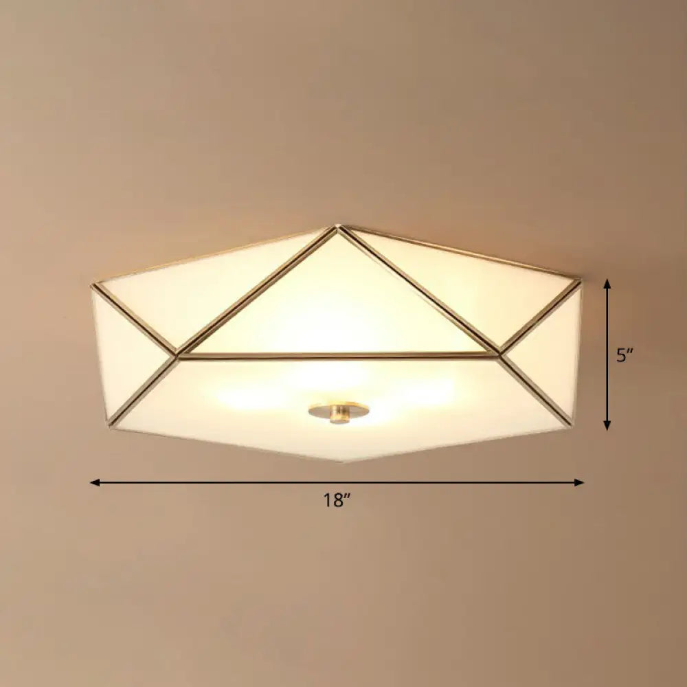 Brass Pentagonal Flushmount Ceiling Lamp: Simplicity Collection - Satin Opal Glass Flush - Mount