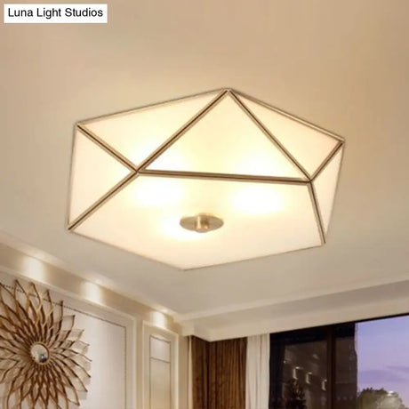 Brass Pentagonal Flushmount Ceiling Lamp: Simplicity Collection - Satin Opal Glass Flush - Mount