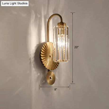 Brass Postmodern Wall Sconce With Prismatic Crystal - Cylindrical Foyer Lighting