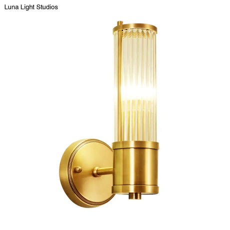 Brass Ribbed Crystal Wall Sconce With 1/2-Light For Traditional Bedroom Lighting