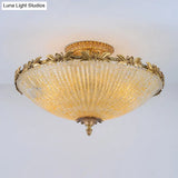 Brass Semi - Flush Antiqued Bowl Light With Clear Variegated Glass