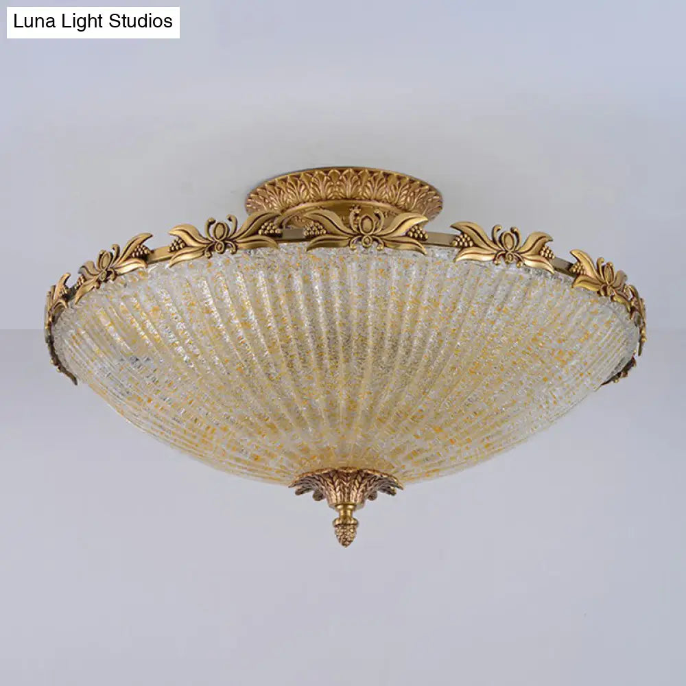 Brass Semi - Flush Antiqued Bowl Light With Clear Variegated Glass