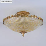 Brass Semi - Flush Antiqued Bowl Light With Clear Variegated Glass