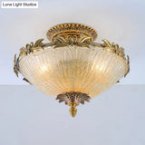 Brass Semi - Flush Antiqued Bowl Light With Clear Variegated Glass