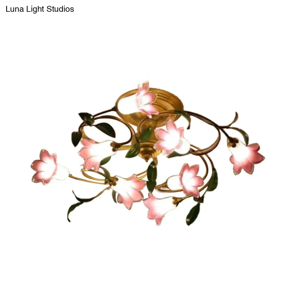 Brass Semi Flush Lily Led Ceiling Fixture - 8 Heads Pastoral Metal Design For Living Room