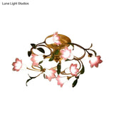 Brass Semi Flush Lily Led Ceiling Fixture - 8 Heads Pastoral Metal Design For Living Room