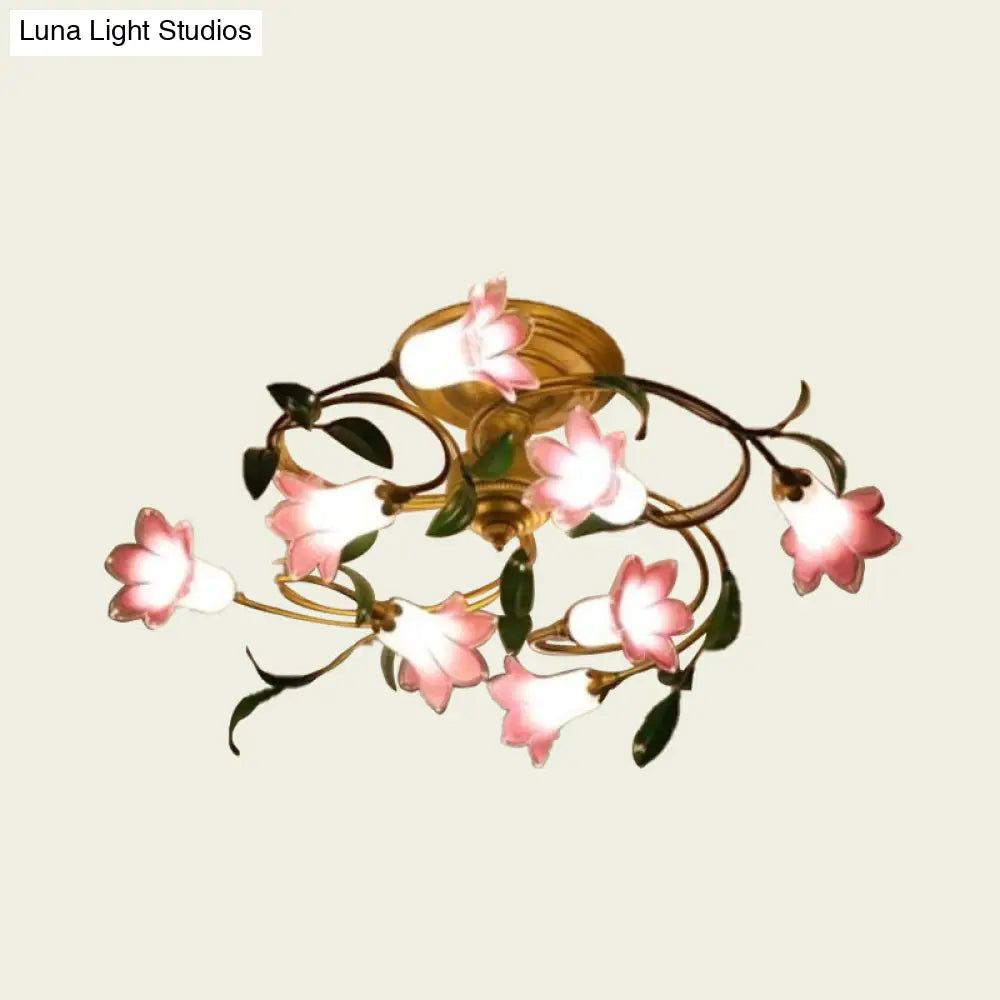 Brass Semi Flush Lily Led Ceiling Fixture - 8 Heads Pastoral Metal Design For Living Room