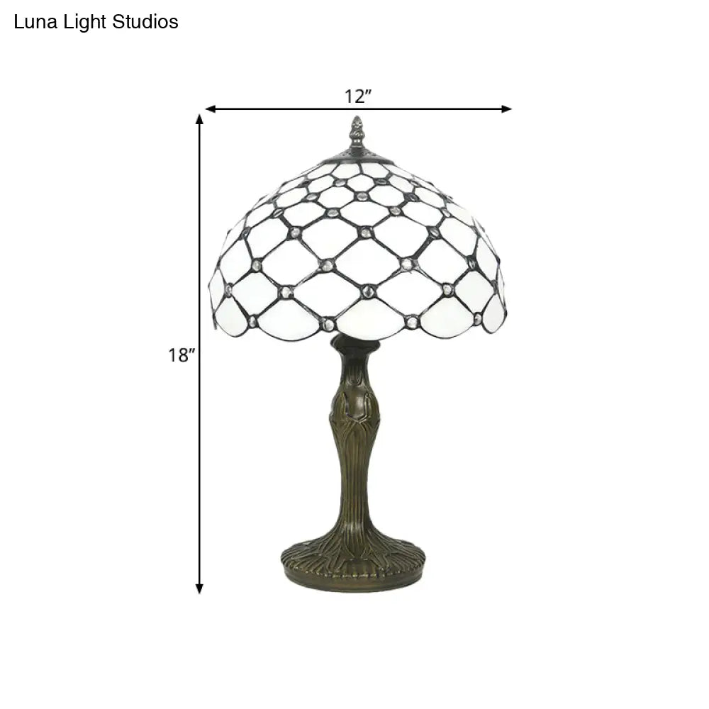 Brass Tiffany White Glass Beaded Task Lamp With Scalloped Edge - 1 Light Night Lighting