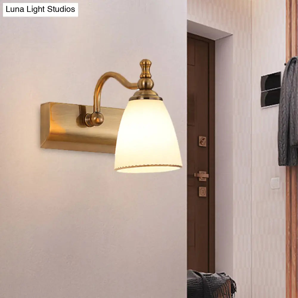 Brass Wall Mount Lamp - Cottage Bell Shape Frosted Glass Vanity Light Fixture With 1/2-Bulb