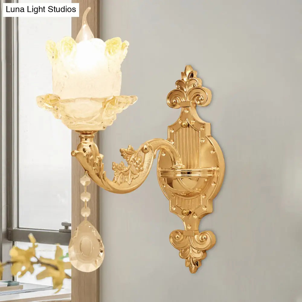 Brass Wall Mount Sconce With Scrolled Arms Glass Blossom Shade And Crystal Accents