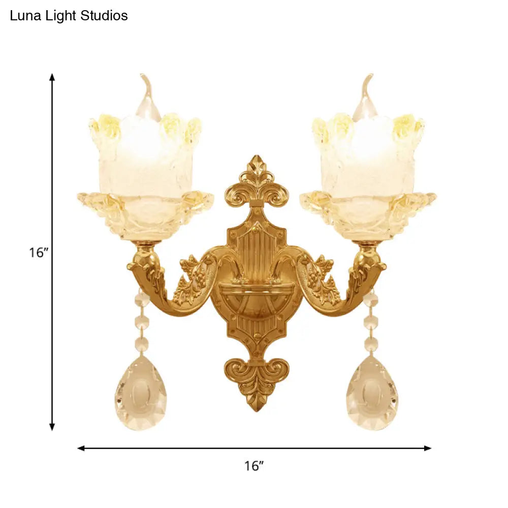 Brass Wall Mount Sconce With Scrolled Arms Glass Blossom Shade And Crystal Accents