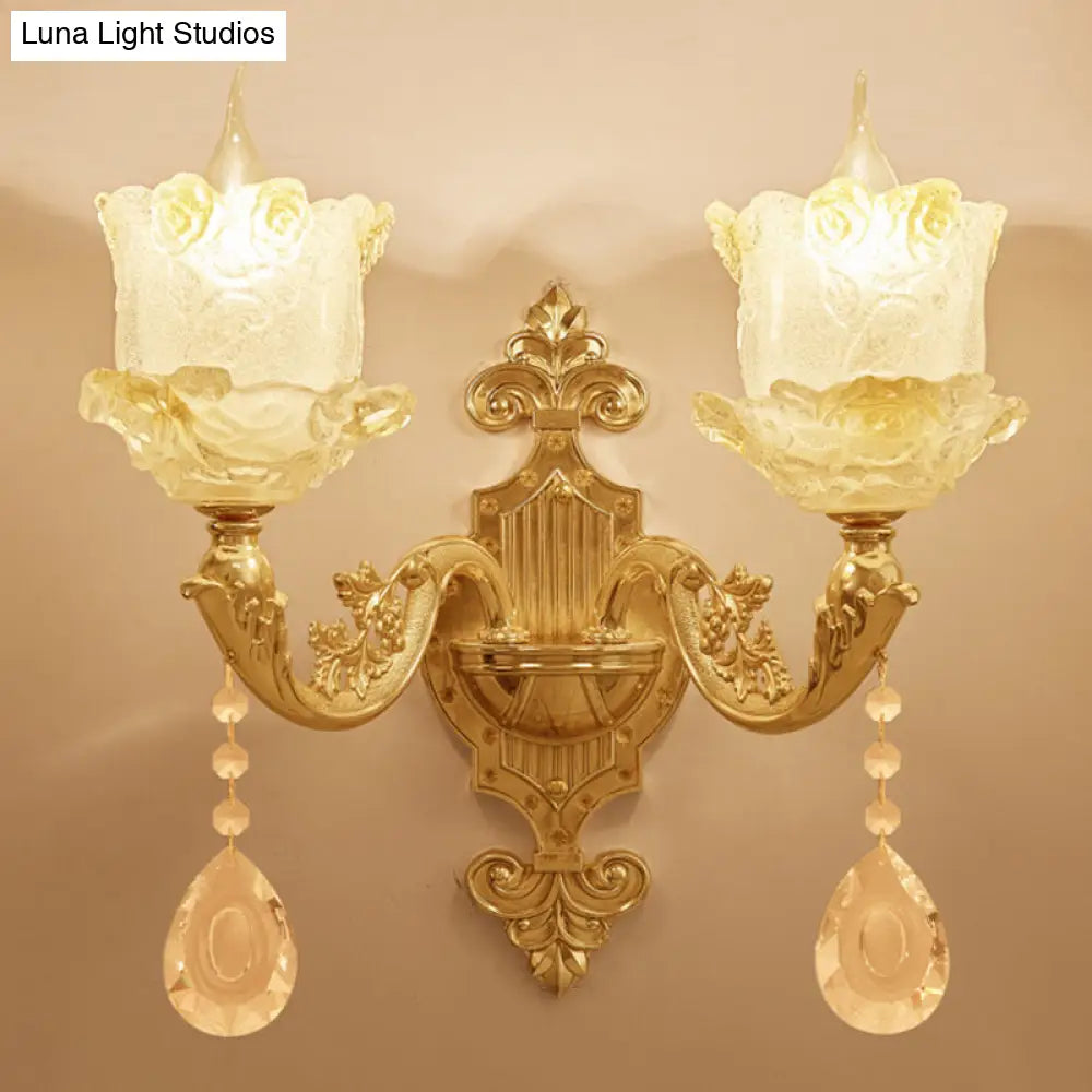 Brass Wall Mount Sconce With Scrolled Arms Glass Blossom Shade And Crystal Accents