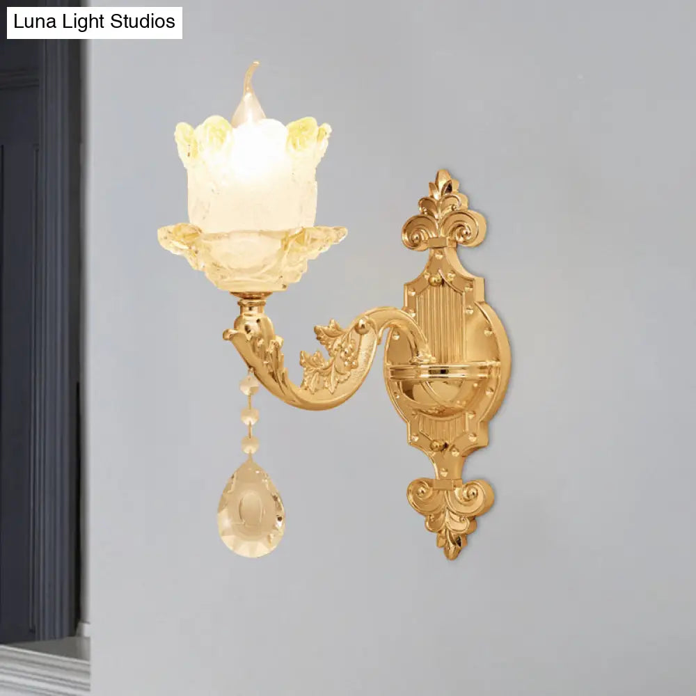 Brass Wall Mount Sconce With Scrolled Arms Glass Blossom Shade And Crystal Accents