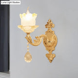 Brass Wall Mount Sconce With Scrolled Arms Glass Blossom Shade And Crystal Accents