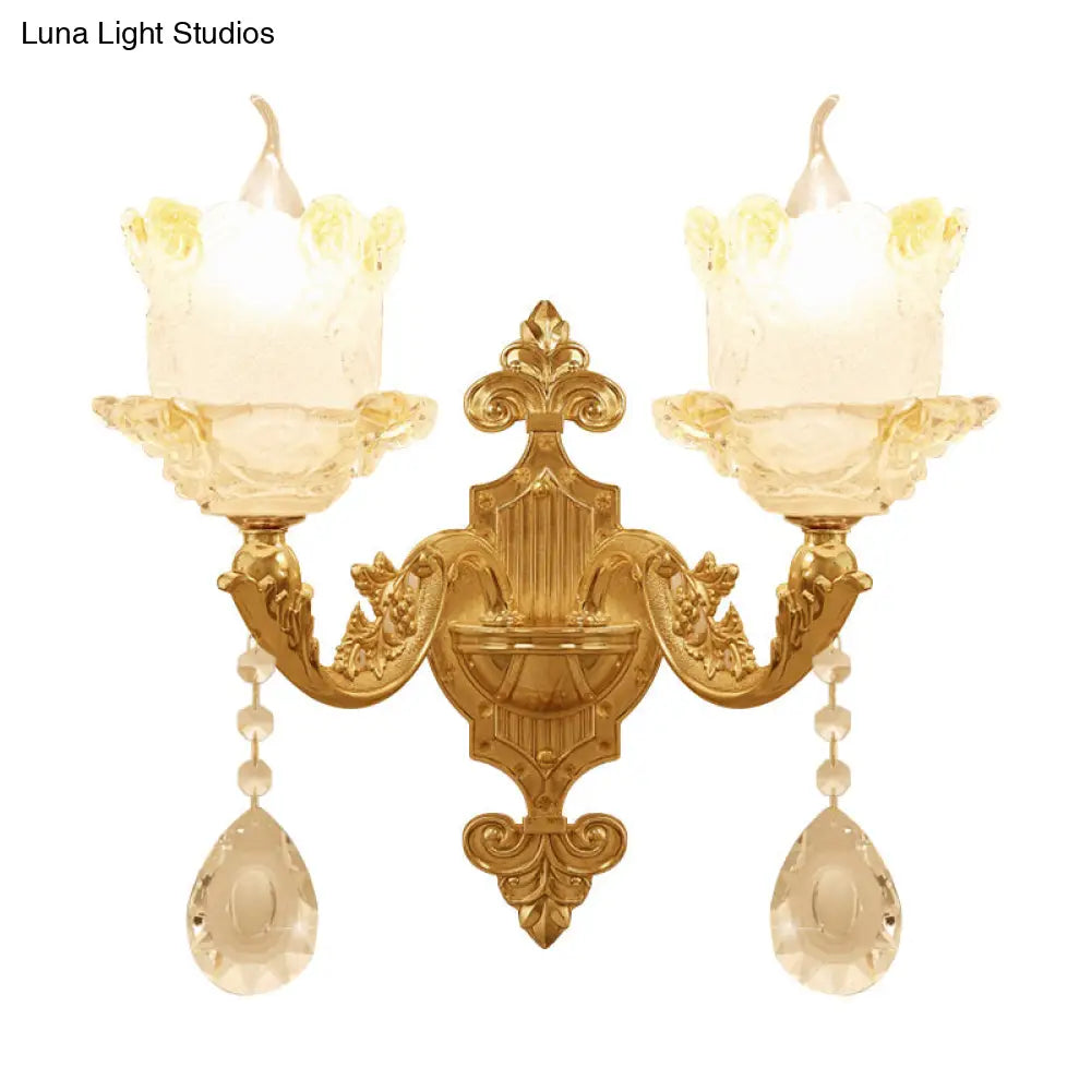Brass Wall Mount Sconce With Scrolled Arms Glass Blossom Shade And Crystal Accents