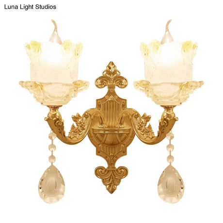 Brass Wall Mount Sconce With Scrolled Arms Glass Blossom Shade And Crystal Accents