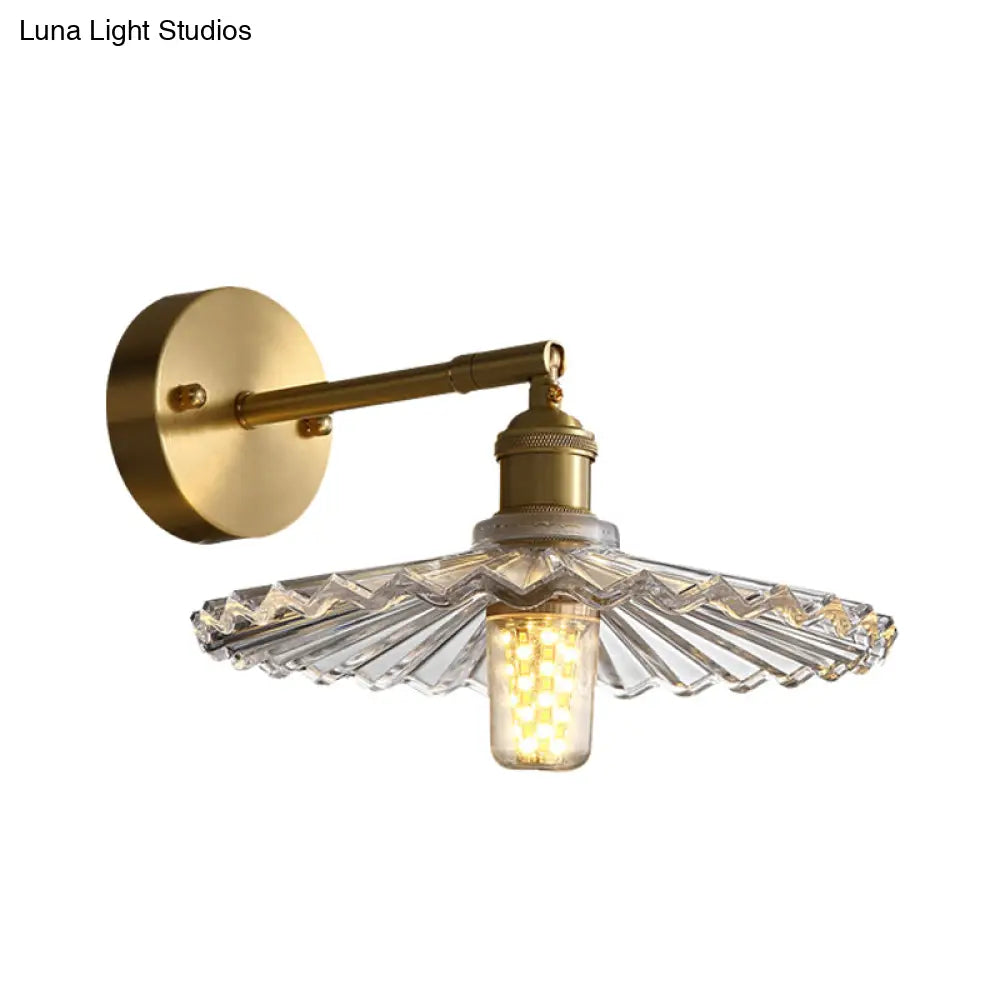 Brass Wall Mounted Lamp With Scalloped Glass Shade - 1 Head Bedside Sconce Light Fixture