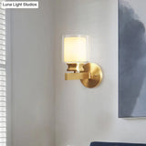 Brass Wall Sconce With Clear And White Glass - Modern Cylindrical Style For Bedroom