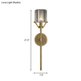 Brass Wall Sconce With Clear Crystal Block Cylinder And Pencil Arm